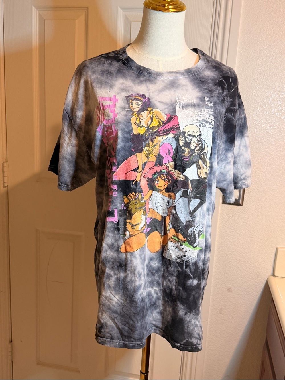 Kids Tie-Dye Anime Graphic Tee - Black with Pink & Orange Accents